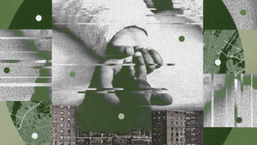 A collage-style illustration in green and gray tones with several images and textures on it, including: an image shows a mom's hand holding a baby's hand, apartment buildings and portions of a city grid line map.