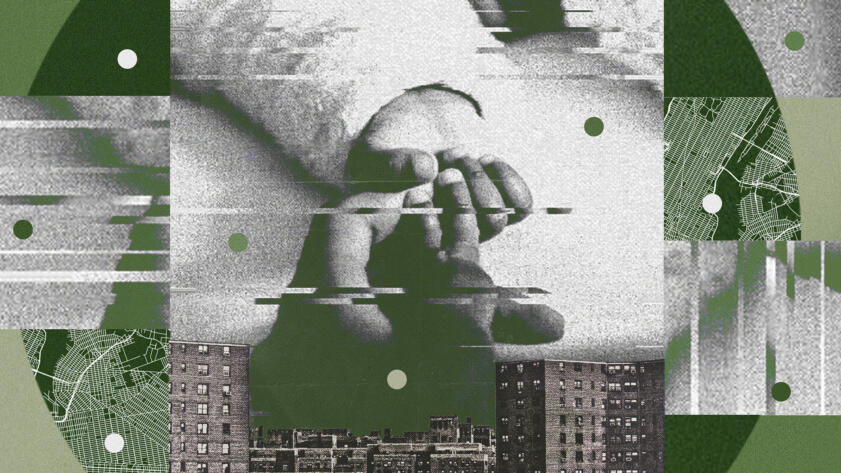 A collage-style illustration in green and gray tones with several images and textures on it, including: an image shows a mom's hand holding a baby's hand, apartment buildings and portions of a city grid line map.