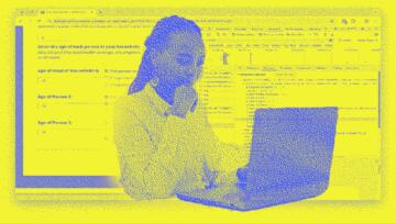 Illustration of a woman on her laptop, set against a background of a browser window; the image is heavily manipulated to be pixelated in a bitmap style