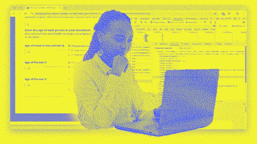 Illustration of a woman on her laptop, set against a background of a browser window; the image is heavily manipulated to be pixelated in a bitmap style