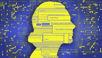 Illustration of a person’s side profile containing overlapping sections of questions and form fields from healthcare sites, set against a background of distorted code and pixels