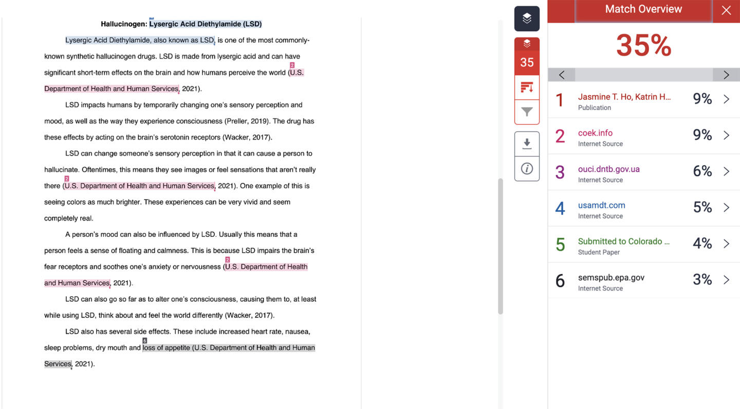 A Turnitin similarity report is displayed on a screen, showing a paper titled “Hallucinogen: Lysergic Acid Diethylamide (LSD).” The document is highlighted to indicate sources of similarity, with citations such as the U.S. Department of Health and Human Services appearing multiple times. On the right side, the Match Overview panel shows a 35% similarity score, listing six sources, each contributing between 3% and 9% to the match.