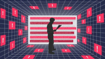 An illustration in pink and dark purple tones that shows the silhouette of a student holding a piece of paper as they stand in the middle of a cyberspace grid. A white paper with highlighted text can be seen in the background behind the student as pink boxes with exclamation points float around.