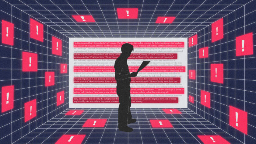 An illustration in pink and dark purple tones that shows the silhouette of a student holding a piece of paper as they stand in the middle of a cyberspace grid. A white paper with highlighted text can be seen in the background behind the student as pink boxes with exclamation points float around.