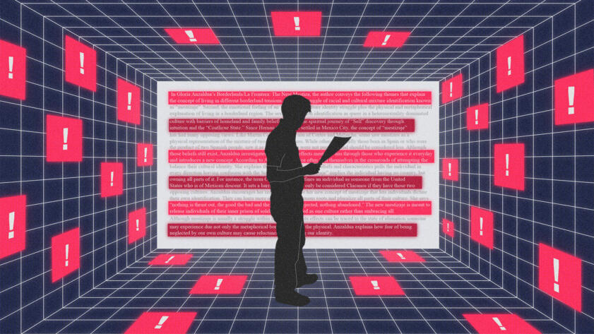 An illustration in pink and dark purple tones that shows the silhouette of a student holding a piece of paper as they stand in the middle of a cyberspace grid. A white paper with highlighted text can be seen in the background behind the student as pink boxes with exclamation points float around.
