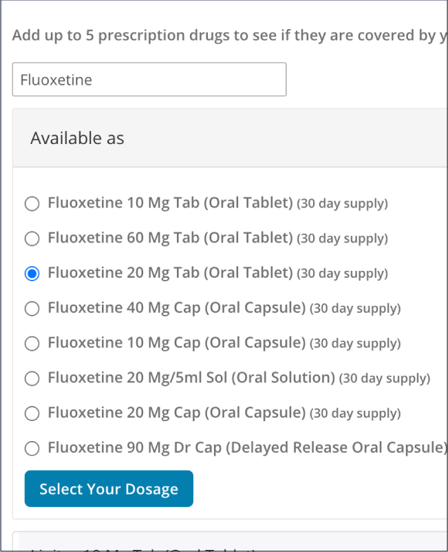 Screenshot of the interface for Nevada Health Link displaying a respondent’s selection for the prescription drug Fluoxetine