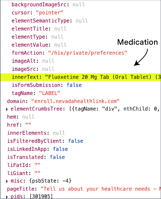 Screenshot highlighting the line of code where Nevada Health Link shares the respondent’s medication with LinkedIn