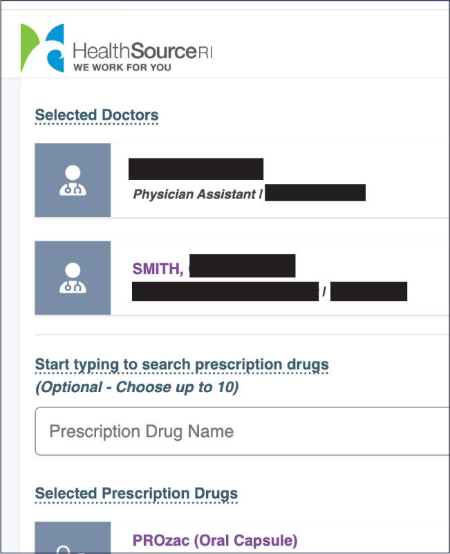 Screenshot of the interface for HealthSource RI displaying a respondent’s selection for medical providers