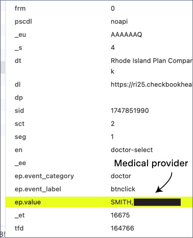 Screenshot highlighting the line of code where HealthSource RI shares the respondent’s medical provider with Google Analytics