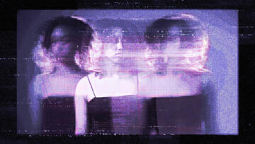 A stylized, glitch-effect image of a person with curly hair standing in a dark room, wearing a spaghetti strap top and high-waisted jeans. The person appears multiple times in overlapping positions, creating a blurred, distorted visual echo. The image is heavily tinted in purples and pinks, with digital noise and scan lines suggesting a corrupted or manipulated video frame.