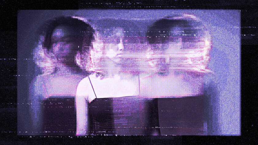 A stylized, glitch-effect image of a person with curly hair standing in a dark room, wearing a spaghetti strap top and high-waisted jeans. The person appears multiple times in overlapping positions, creating a blurred, distorted visual echo. The image is heavily tinted in purples and pinks, with digital noise and scan lines suggesting a corrupted or manipulated video frame.