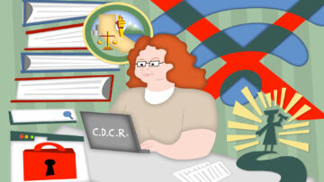 Illustration of a woman wearing an prison uniform on a laptop labeled "C.D.C.R."; she's surrounded by a pile of textbooks, the California Department of Corrections and Rehabilitation seal, a search input, a browser window with a lock on it, a crossed-out Wifi symbol and a silhouette of a person in a graduation uniform holding up a diploma