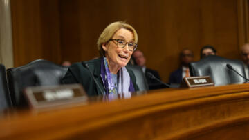 A lawmaker, with short blonde hair and wearing black blazer with a purple-patterned scarf, sits behind a dais during a legislative meeting. Other people can be seen in the background.