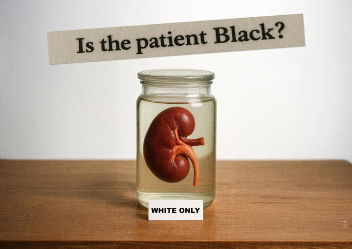 A preserved human kidney sits in a glass jar filled with liquid on a wooden surface. Above it, the words “Is the patient Black?” appear in large type, and below the jar, a label reads “WHITE ONLY,” evoking medical bias and racial inequity in healthcare.