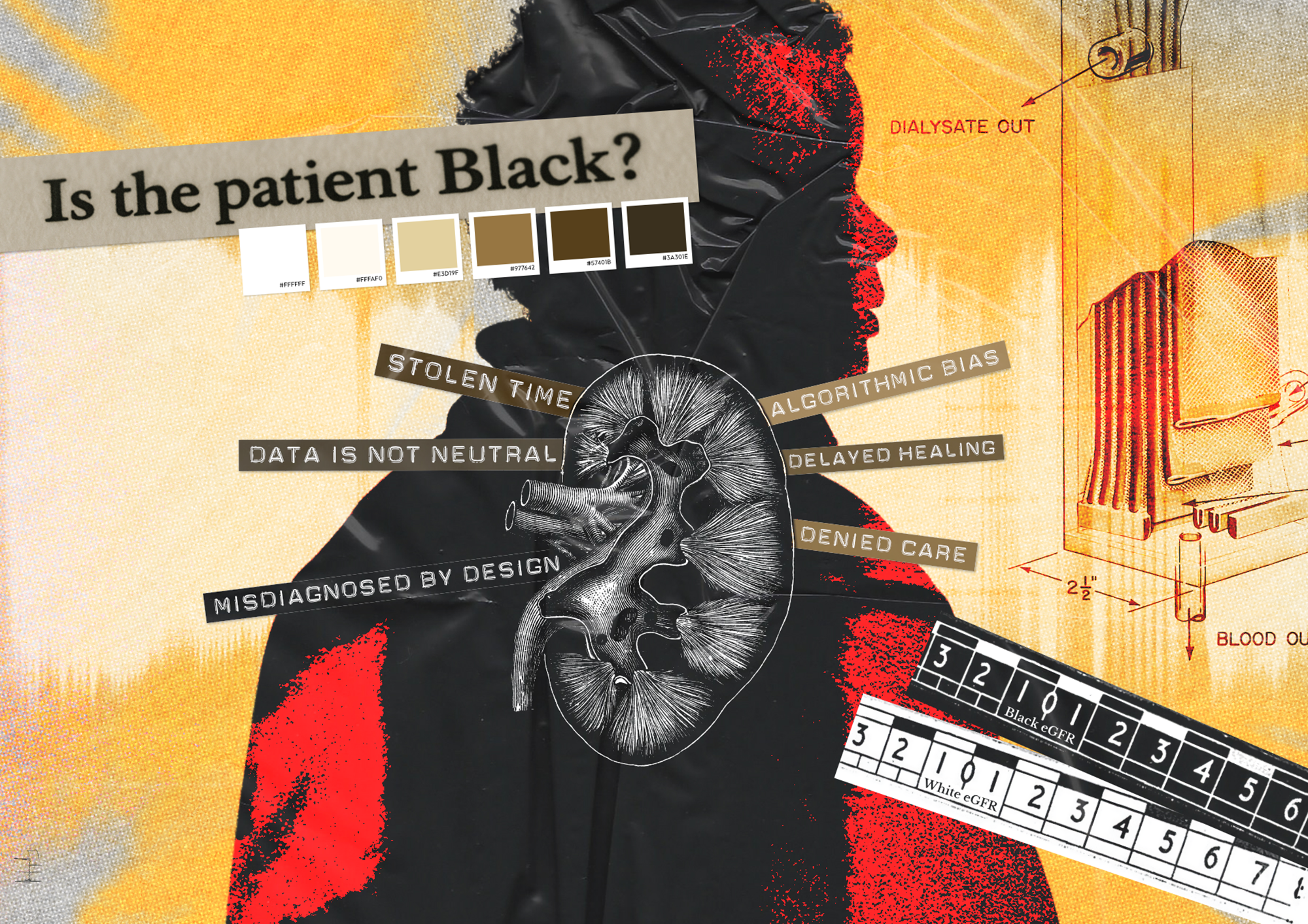 A digital collage featuring the phrase “Is the patient Black?” above a silhouette outlined in red and black. A detailed kidney illustration is centered, surrounded by text fragments reading “Stolen time,” “Algorithmic bias,” “Data is not neutral,” “Misdiagnosed by design,” “Delayed healing,” and “Denied care.” The background blends medical diagrams, skin tone swatches, and color-coded charts, referencing racial bias in medical algorithms and treatment.