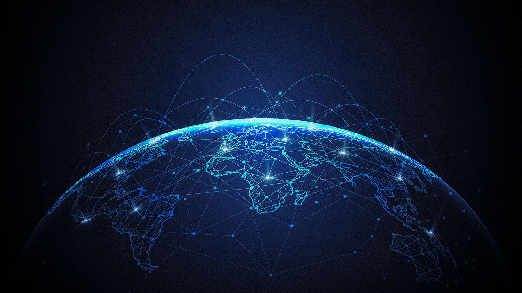 A digital illustration of Earth viewed from space, showing continents outlined in glowing blue lines with bright connection points linked by arcs and networks, representing global communication and data exchange.