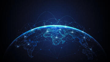 A digital illustration of Earth viewed from space, showing continents outlined in glowing blue lines with bright connection points linked by arcs and networks, representing global communication and data exchange.