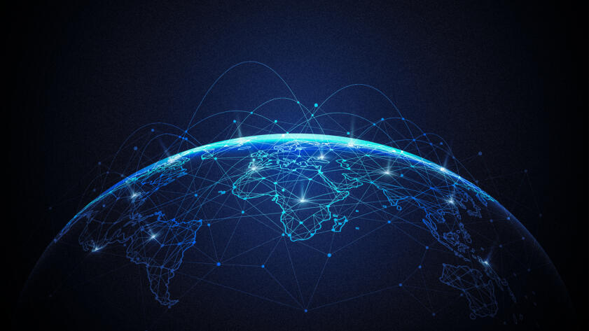 A digital illustration of Earth viewed from space, showing continents outlined in glowing blue lines with bright connection points linked by arcs and networks, representing global communication and data exchange.