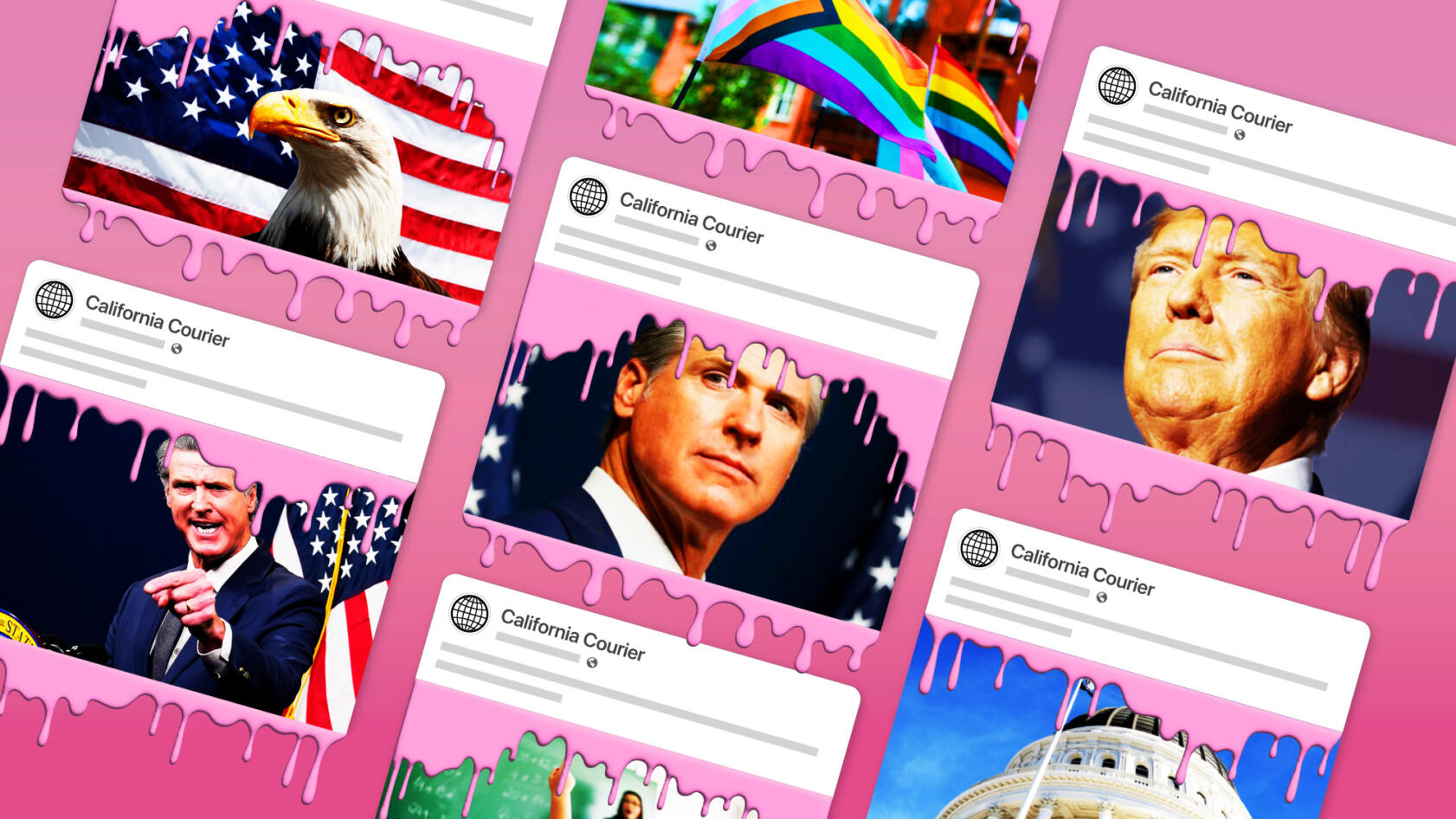 Illustration of Facebook posts by the California Courier oozing out pink slime