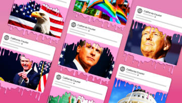 Illustration of Facebook posts by the California Courier oozing out pink slime