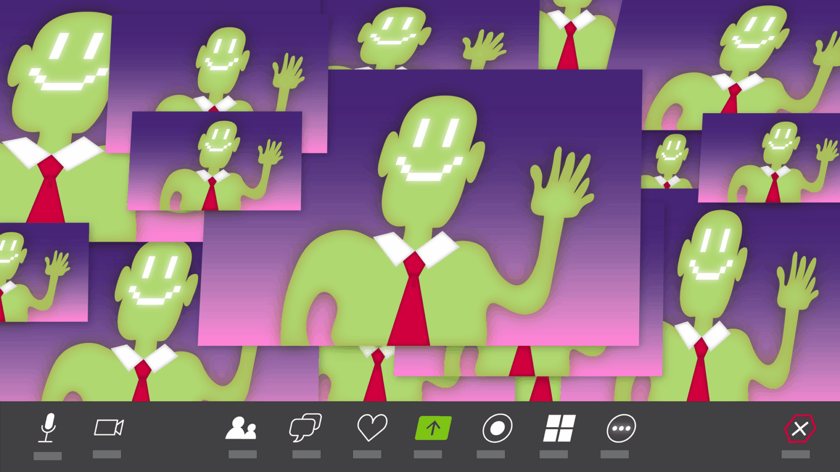 Illustration of multiple identical green figures in white collars and red ties waving at the camera in overlapping video call windows; they all have 8-bit style smiley faces and 6 fingers