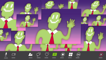 Illustration of multiple identical green figures in white collars and red ties waving at the camera in overlapping video call windows; they all have 8-bit style smiley faces and 6 fingers