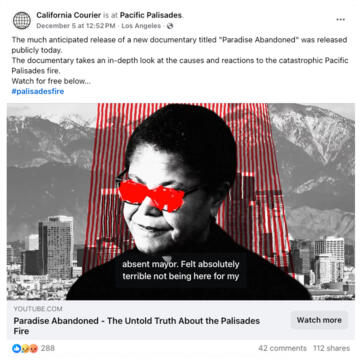 A screenshot of a California Courier Facebook post of a video with the image of Los Angeles Mayor Karen Bass with red marks covering her eyes.