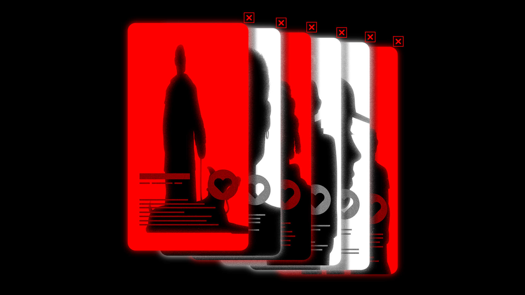 Illustration of an array of red and white dating profiles showing silhouettes of men