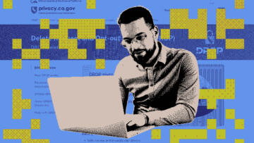 Illustration of a man on his laptop, rendered in a pixelated 8-bit style, set against a background screenshot of privacy.ca.gov and pixelated blocks