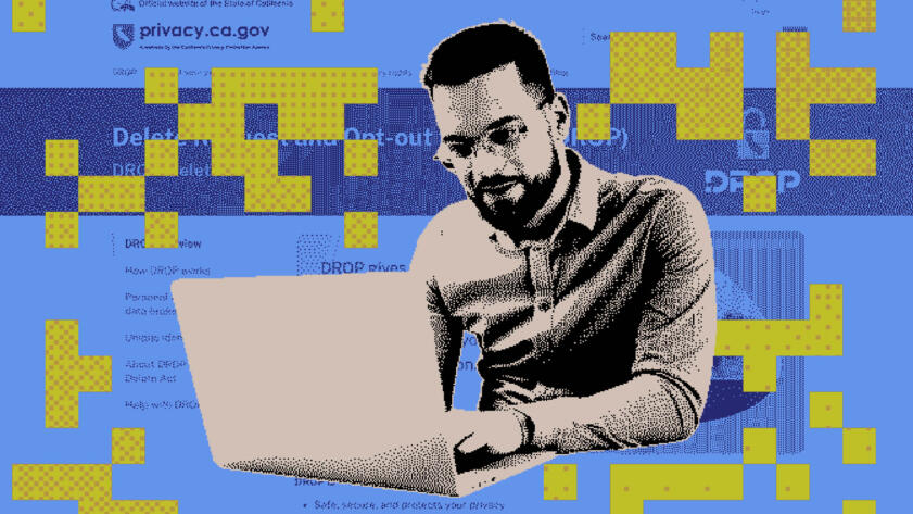 Illustration of a man on his laptop, rendered in a pixelated 8-bit style, set against a background screenshot of privacy.ca.gov and pixelated blocks