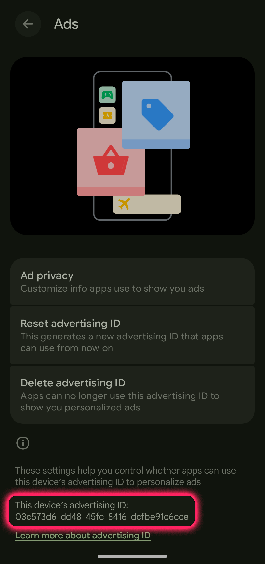 Screenshot of Android Ads setting
