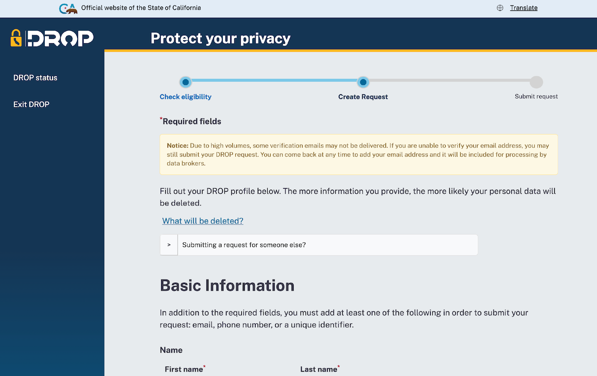 Screenshot of California’s DROP form