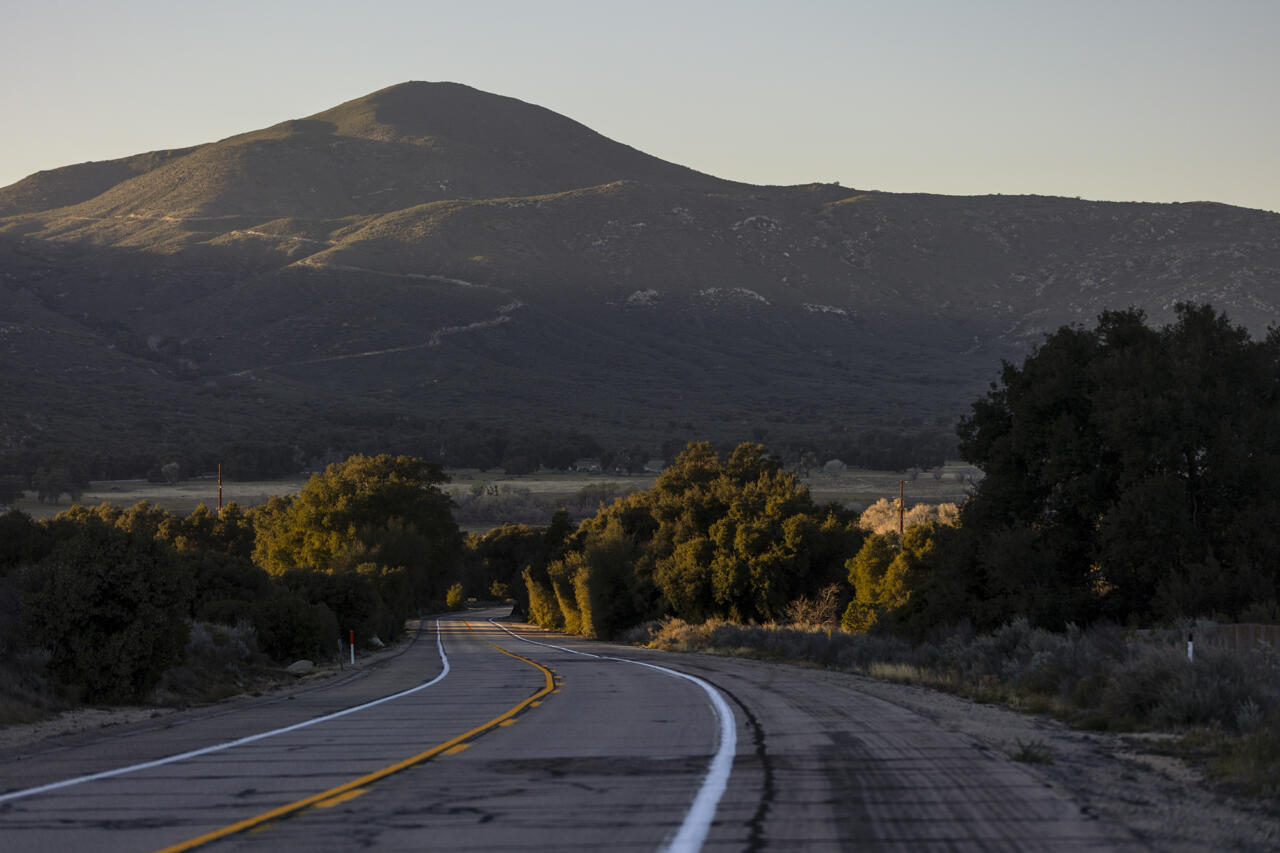 A two-lane road curves through a tree-lined valley toward sunlit mountains, with long evening shadows stretching across the landscape.