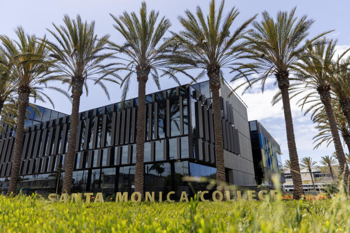 A Santa Monica College sign is viewed just over bushes, with a row of palm trees behind it, in front of a building on a college campus.