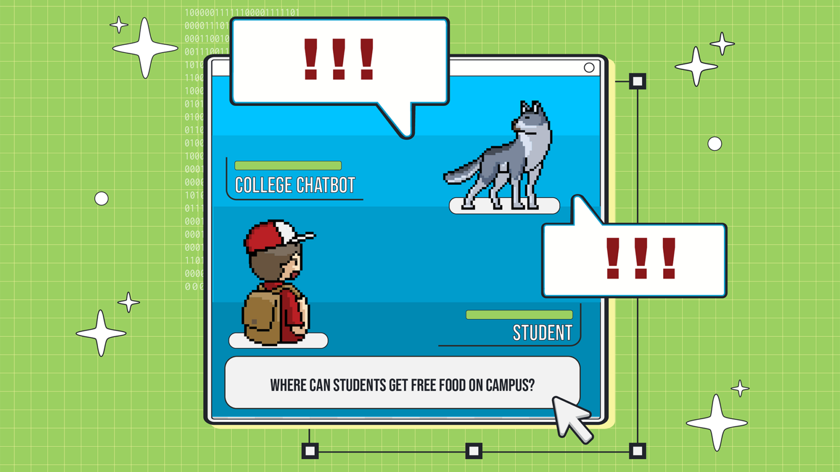 An illustration in green, red, blue and yellow tones that shows a desktop computer screen with an open window tab that resembles a Pokemon battle scene. At one end of the screen is a pixelated student and at the other is a wolf that represents a chatbot. The illustration includes a bubble text that reads "where can students get free food on campus?" alongside other bubbles of text with red exclamation points.
