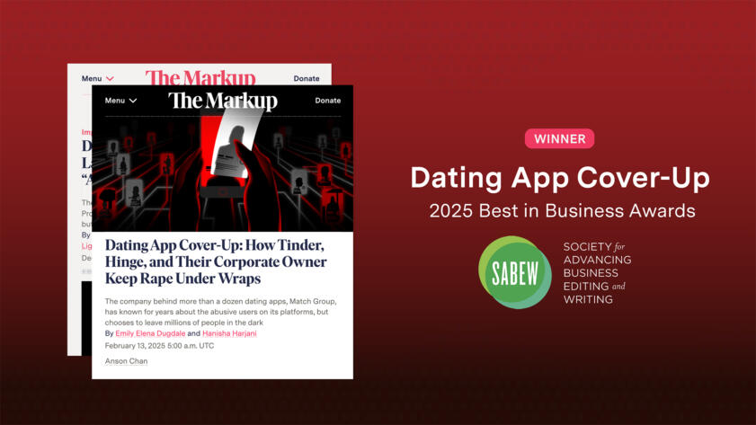 Graphic of a screenshot of The Markup's story "Dating App Cover-Up: How Tinder, Hinge, and Their Corporate Owner Keep Rape Under Wraps" next to the text "WINNER," the headline of the story, and the Society for Advancing Business Editing and Writing’s Logo