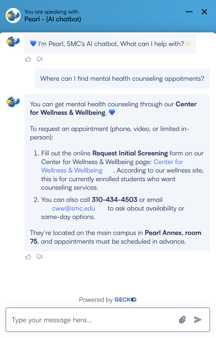 A screenshot of a conversation with a college chatbot.