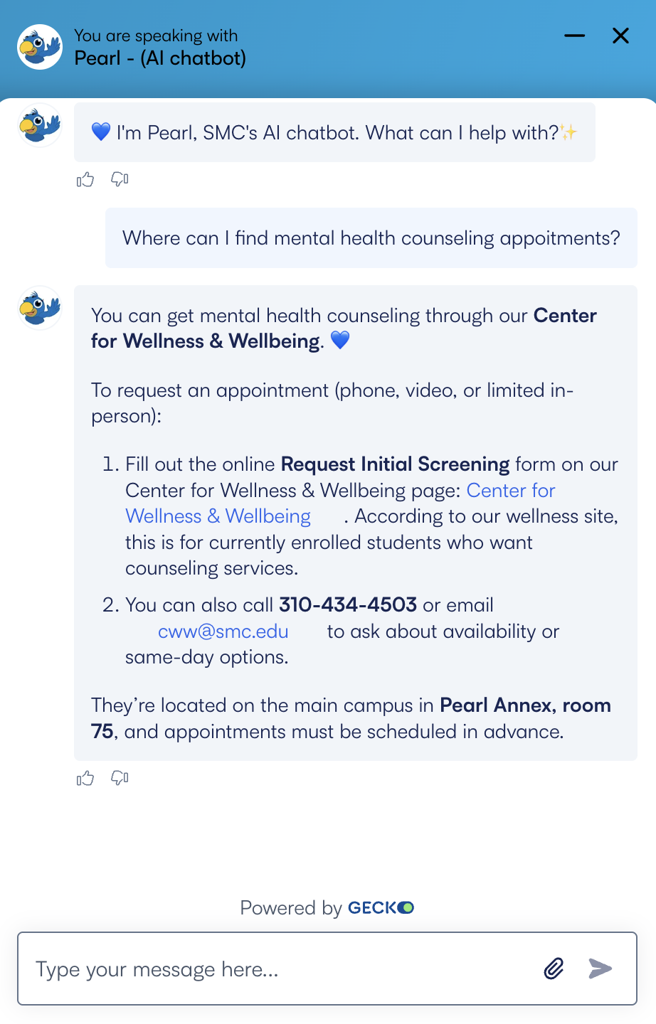 A screenshot of a conversation with a college chatbot.
