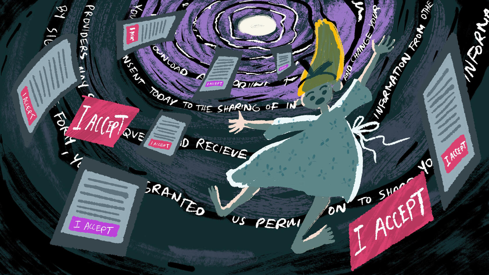Illustration of Alice from Alice in Wonderland, dressed in a patient gown, falling down a rabbit hole surrounded by buttons that say “I accept” and privacy policies