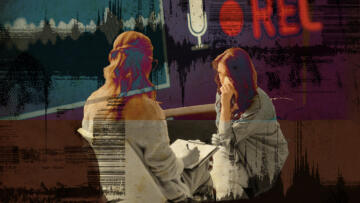 An illustrated composite image shows two people in conversation, one taking notes while the other appears distressed. Audio waveforms, a microphone icon and the word “REC” are layered over the scene, suggesting a recorded or transcribed discussion.
