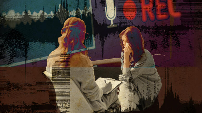 An illustrated composite image shows two people in conversation, one taking notes while the other appears distressed. Audio waveforms, a microphone icon and the word “REC” are layered over the scene, suggesting a recorded or transcribed discussion.