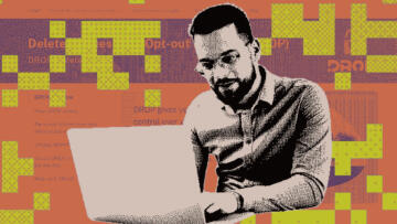 An illustration shows a person using a laptop in front of a blurred California privacy website, with yellow pixel-like blocks scattered across the image to suggest digital data. The stylized artwork uses a limited color palette and visual elements that evoke online privacy and information security.