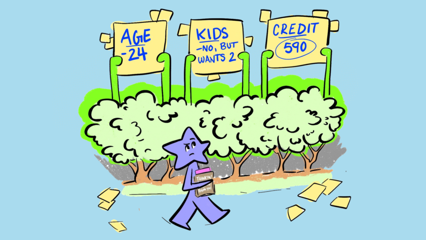 An illustration of a cartoon figure with a star-shaped head as they walk throw a row of trees, where unidentified hands hold up post-it notes with personal information about the star-shaped figure.
