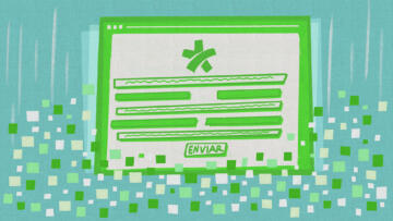 An illustration in green, blue and white tones that depicts a medical appointment webpage with fill-out boxes, including a "enviar" button, surrounded by several pixels.