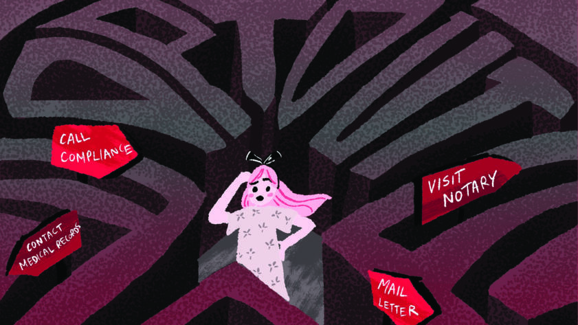 Illustration of a patient standing in the middle of a maze which spells out the words “opt out”; there are multiple signs pointing to different directions with written phrases like “call compliance,” “contact medical records,” “visit notary,” and “mail letter”